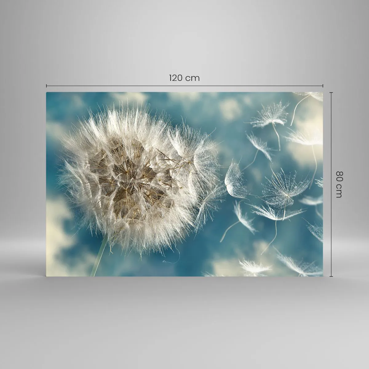 Glasbild - Bild auf glas - Ein zarter Löwenzahn vor dem Himmel mit schwebenden Samen - 120x80cm - Engelsatem - Moderne Wanddekoration für Wohnzimmer und Schlafzimmer ARTTOR