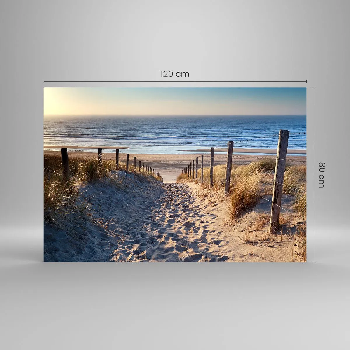 Cuadro sobre vidrio - Impresiones sobre Vidrio - Un camino a través de las dunas que conduce a una playa con un mar en calma. - 120x80cm - El sonido del mar, el canto de los pájaros, una playa virgen entre las dunas... - Decoración de pared moderna para s