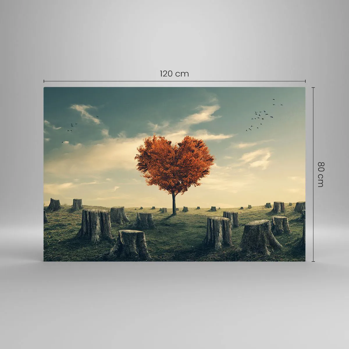 Cuadro sobre vidrio - Impresiones sobre Vidrio - Un árbol en forma de corazón rodeado de troncos talados en un claro. - 120x80cm - Todavía hay esperanza - Decoración de pared moderna para salón y dormitorio ARTTOR