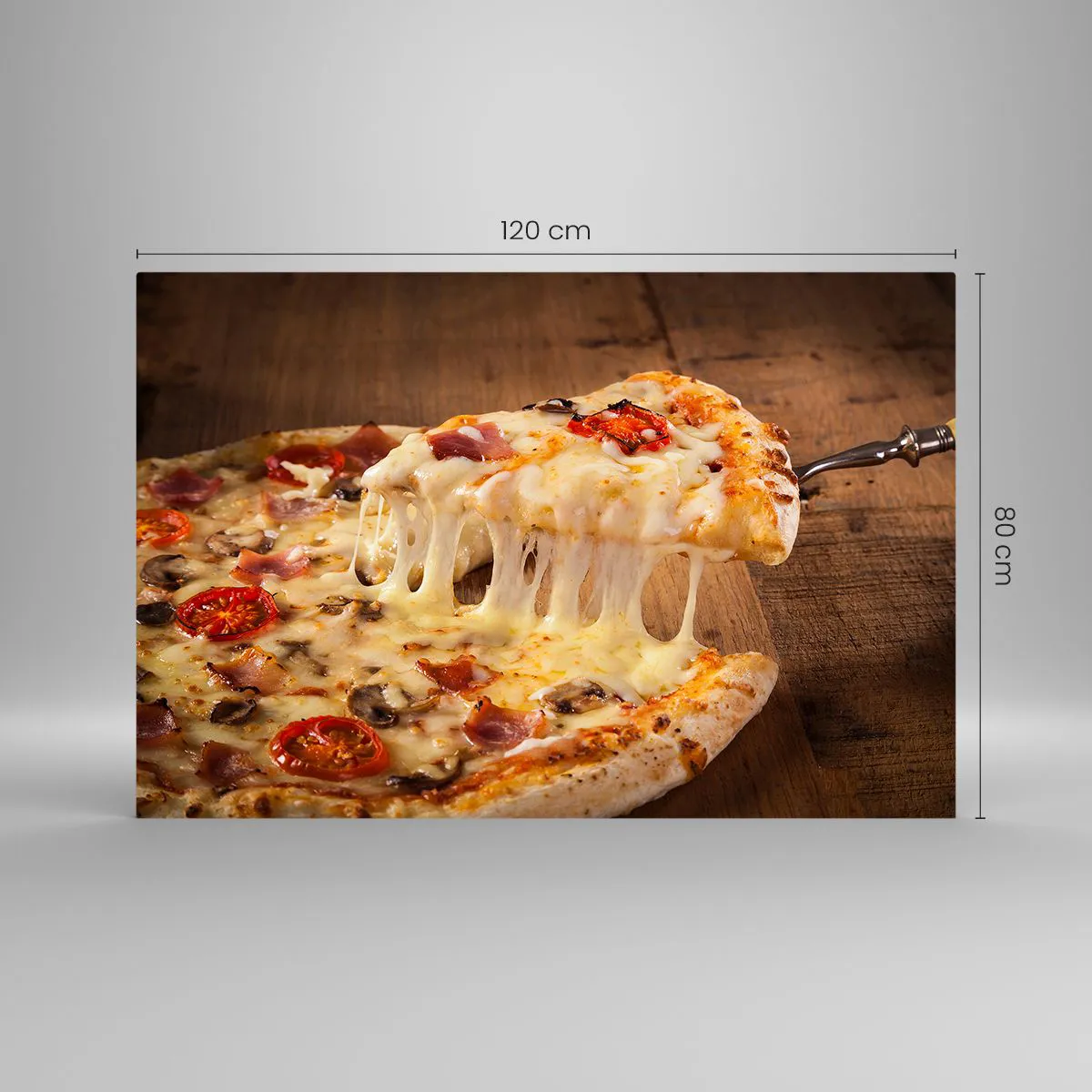 Quadro su vetro - Pizza con formaggio filante, pomodori e prosciutto su fondo di legno - 120x80cm - Capolavoro di arte italiana - Decorazione murale moderna per soggiorno e camera da letto ARTTOR
