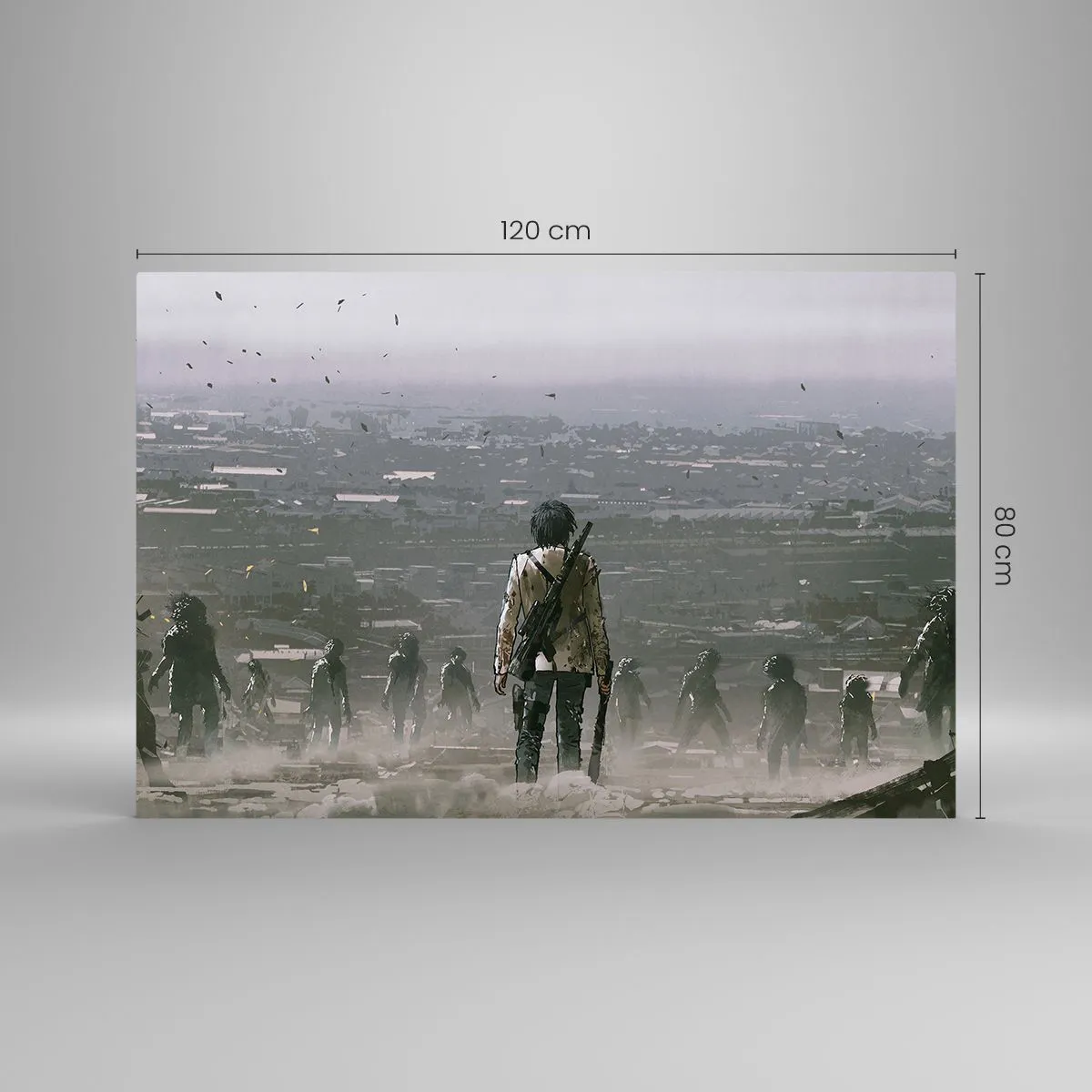 Obraz na szkle - Postać z karabinem w mrocznej scenerii zbliżającej się grupy - 120x80cm - Ostatni sprawiedliwy? - Nowoczesna dekoracja ścienna do salonu, kuchni i sypialni ARTTOR