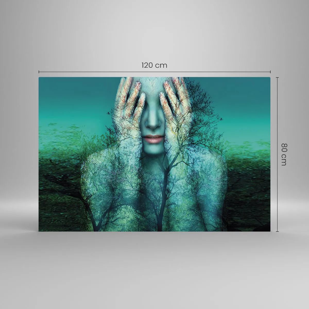 Cuadro sobre vidrio - Impresiones sobre Vidrio - Un rostro de mujer con un motivo de árbol en un entorno surrealista. - 120x80cm - Sumergida en azul - Decoración de pared moderna para salón y dormitorio ARTTOR