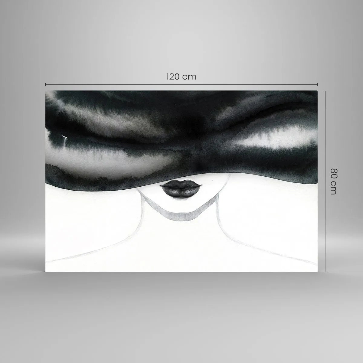 Glasbild - Bild auf glas - Geheimnisvolles Gesicht mit verdeckten Augen in Schwarz-Weiß-Aquarell - 120x80cm - Ein sinnliches Geheimnis - Moderne Wanddekoration für Wohnzimmer und Schlafzimmer ARTTOR