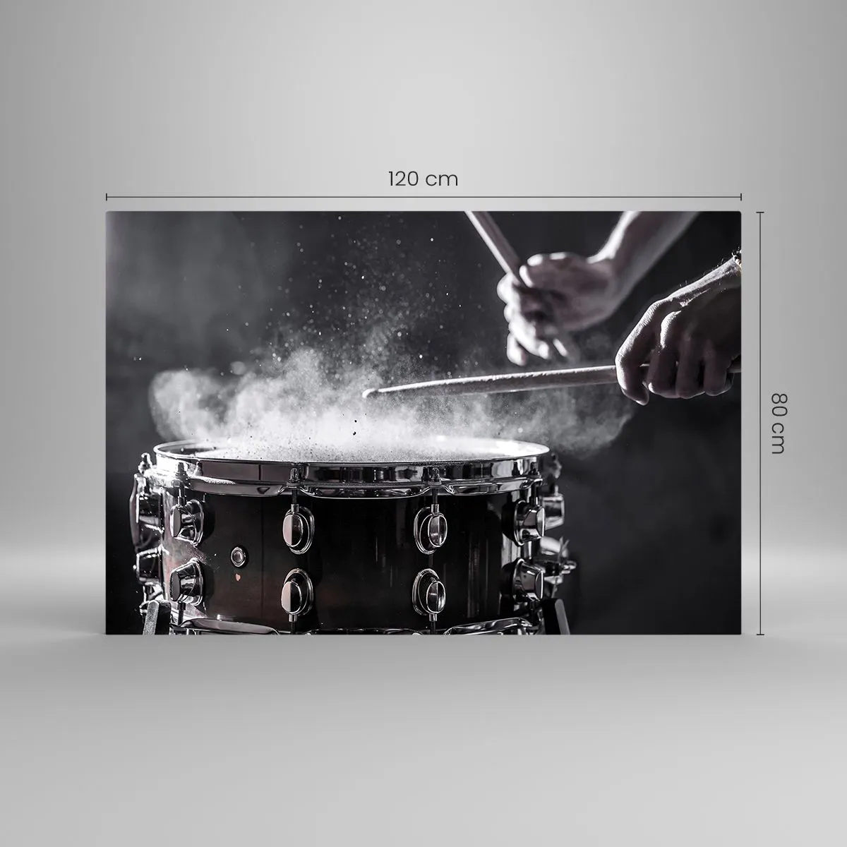 Obraz na szkle - Perkusja w ruchu z unoszącym się pudrem - 120x80cm - Puls muzyki - Nowoczesna dekoracja ścienna do salonu, kuchni i sypialni ARTTOR