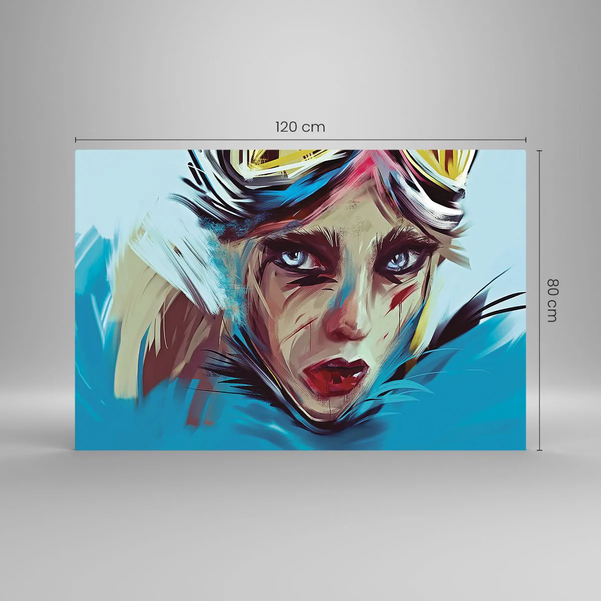 Glasbild - Bild auf glas - Porträt einer Frau mit Schutzbrille und blauen Pinselstrichen - 120x80cm - Strassenkämpferin - Moderne Wanddekoration für Wohnzimmer und Schlafzimmer ARTTOR