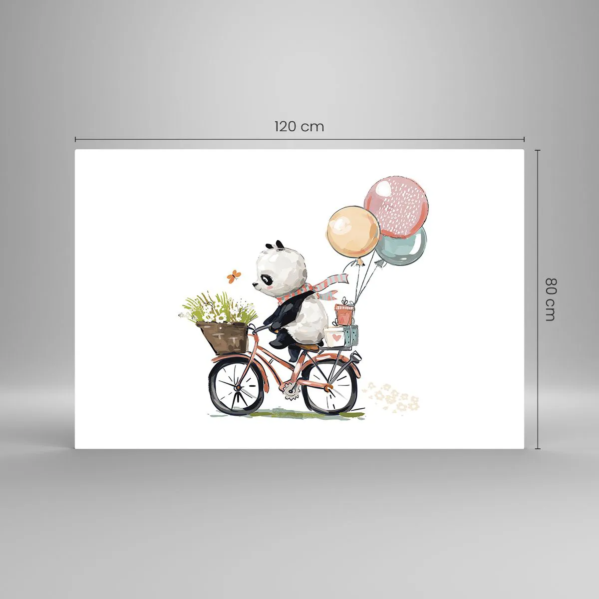 Glasbild - Bild auf glas - Ein Panda auf einem Fahrrad mit Luftballons und einem Blumenkorb. - 120x80cm - Glücklicher Tag - Moderne Wanddekoration für Wohnzimmer und Schlafzimmer ARTTOR