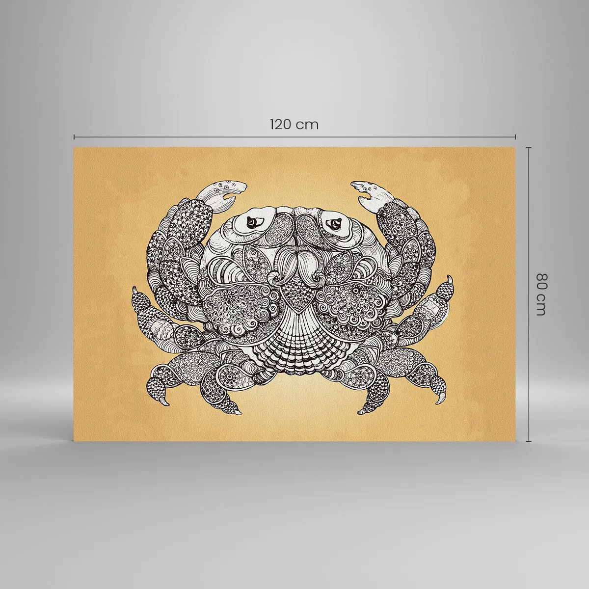 Cuadro sobre vidrio - Impresiones sobre Vidrio - Dibujo estilizado de un cangrejo con adornos sobre un fondo amarillo. - 120x80cm - Cuentos del Sr. Cangrejo - Decoración de pared moderna para salón y dormitorio ARTTOR