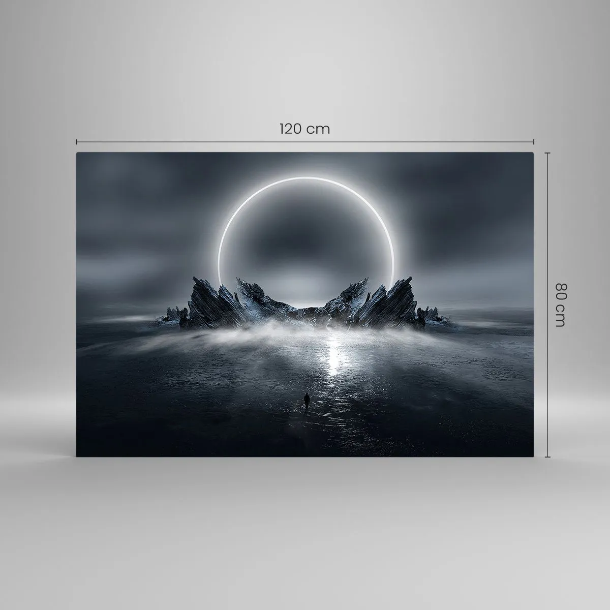 Cuadro sobre vidrio - Impresiones sobre Vidrio - Escena oscura con eclipse e isla rocosa. - 120x80cm - El final del cuento - Decoración de pared moderna para salón y dormitorio ARTTOR