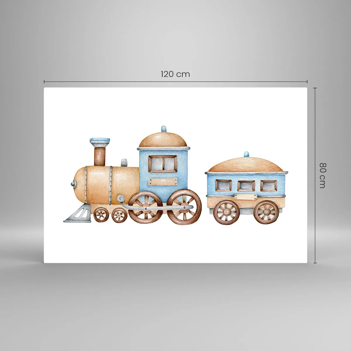 Obraz na szkle - Ilustracja pociągu parowego w odcieniach błękitu i beżu na białym tle - 120x80cm - Stoi na stacji... - Nowoczesna dekoracja ścienna do salonu, kuchni i sypialni ARTTOR