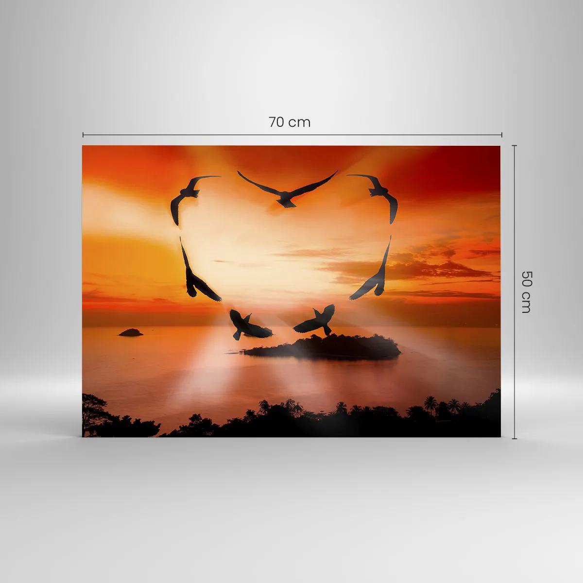 Glass picture - Birds forming a heart against the backdrop of a sunset - 70x50cm - Love the World Like Birds - Modern wall decoration for the living room and bedroom ARTTOR