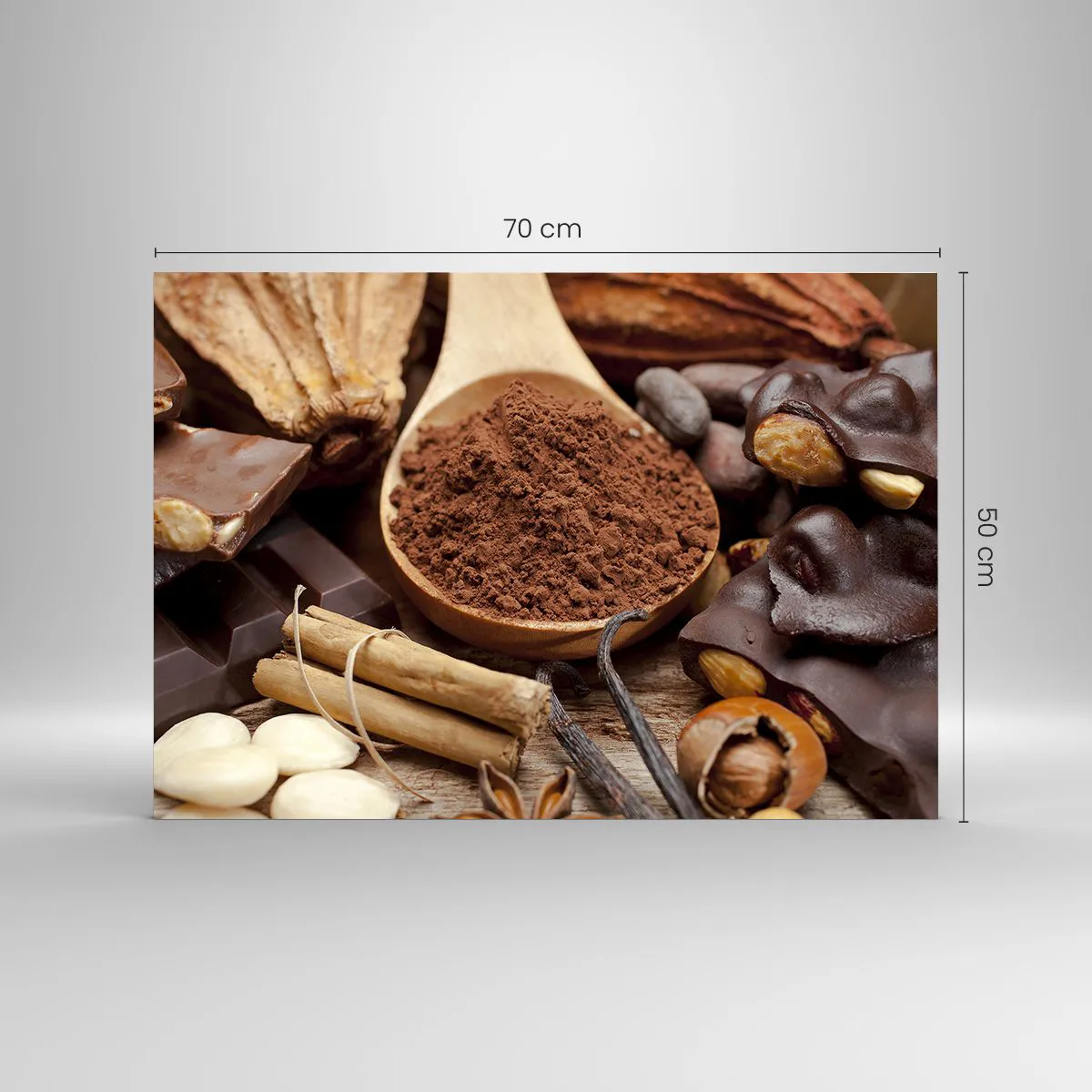 Glass picture - A spoonful of cocoa surrounded by chocolate, spices and nuts - 70x50cm - Best for Stress - Modern wall decoration for the living room and bedroom ARTTOR