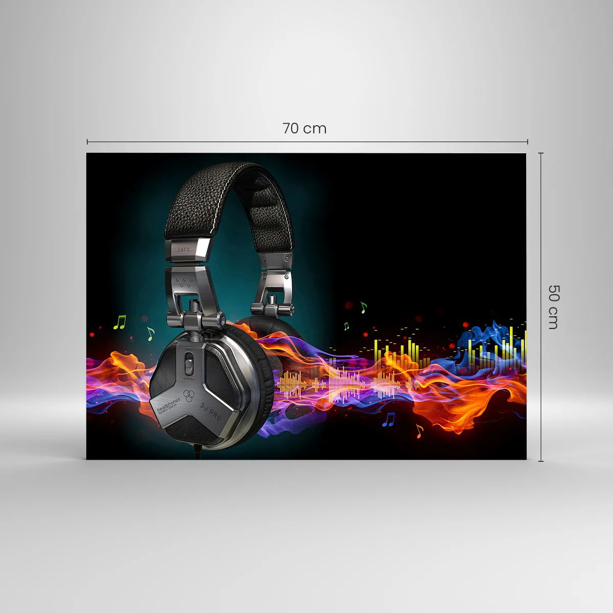 Obraz na skle - DJ sluchátka s barevnými zvukovými vlnami a hudebními notami - 70x50cm - V ohni hudby - Moderní nástěnná dekorace do obývacího pokoje a ložnice ARTTOR