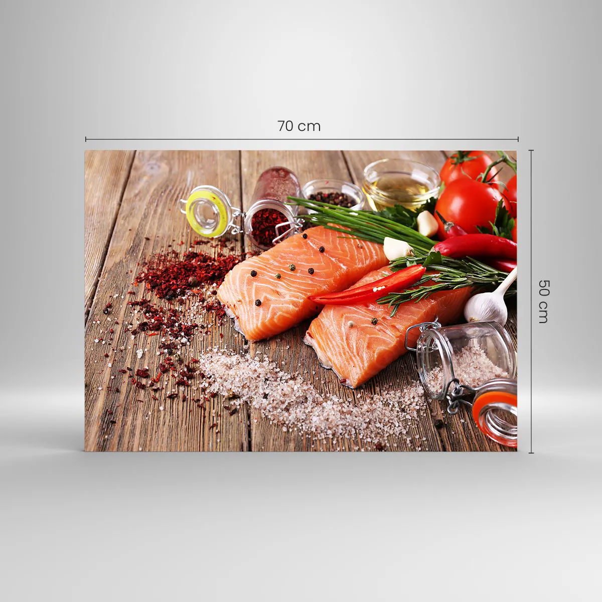 Glasbild - Bild auf glas - Lachsfilets mit Gewürzen auf einer Holzarbeitsplatte - 70x50cm - Norwegisches Abenteuer in der Küche - Moderne Wanddekoration für Wohnzimmer und Schlafzimmer ARTTOR
