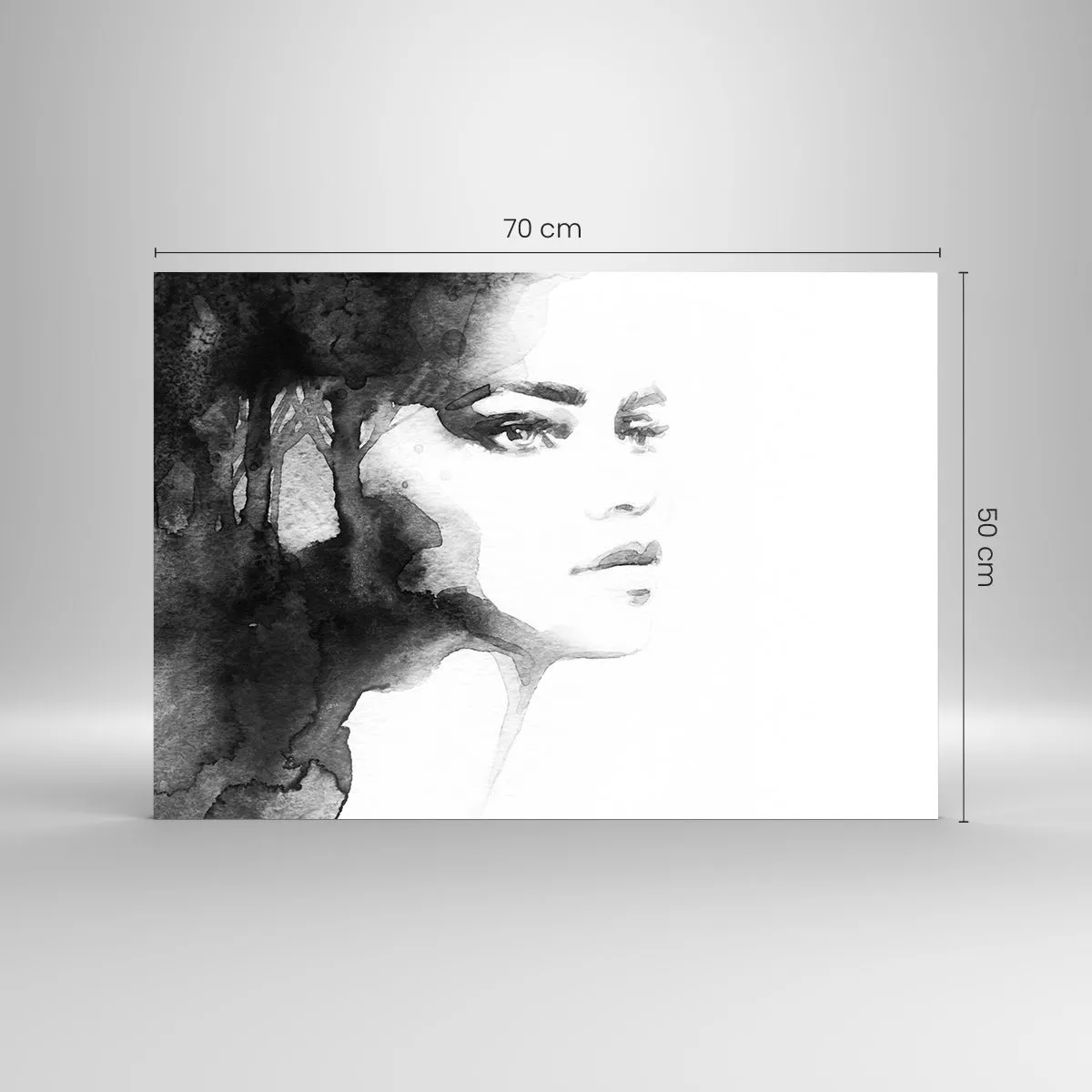 Glass picture - Black and white watercolor portrait of a woman - 70x50cm - Created from Mystery and Mist - Modern wall decoration for the living room and bedroom ARTTOR