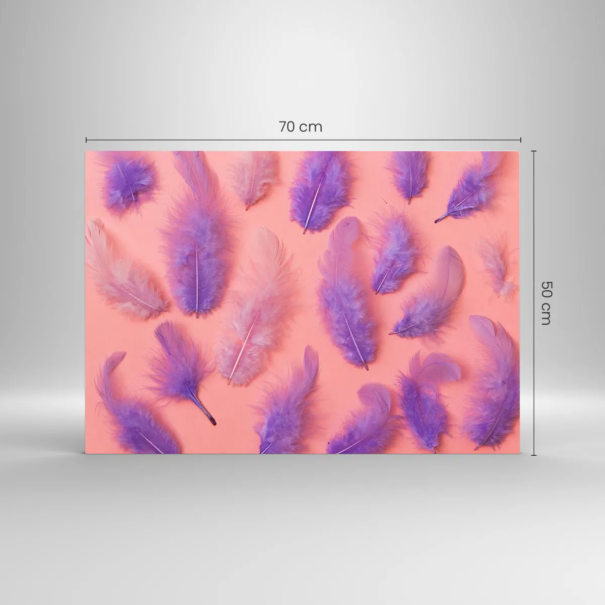 Glasbild - Bild auf glas - Lila Federn auf rosa Hintergrund in einer zarten Komposition - 70x50cm - Lila Vogel der Begierde - Moderne Wanddekoration für Wohnzimmer und Schlafzimmer ARTTOR