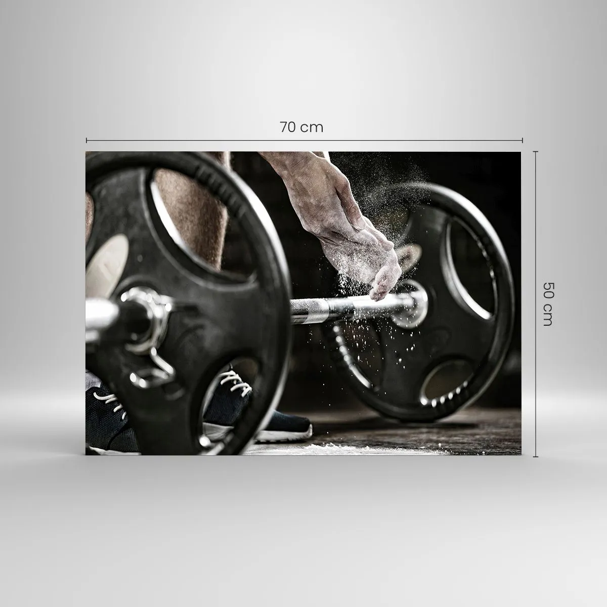 Impression sur verre - Image sur verre - Haltérophilie avec de la craie sur les mains et une barre - 70x50cm - Défi accepté! - Décoration murale moderne pour le salon et la chambre ARTTOR