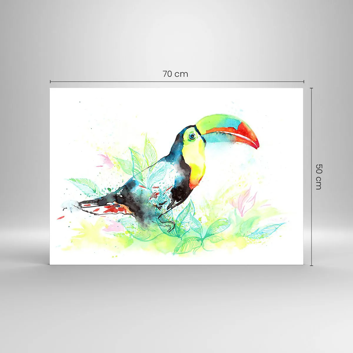 Impression sur verre - Image sur verre - Un toucan coloré dans un paysage aquarelle avec des feuilles - 70x50cm - Aussi coloré que l'Amérique du Sud - Décoration murale moderne pour le salon et la chambre ARTTOR