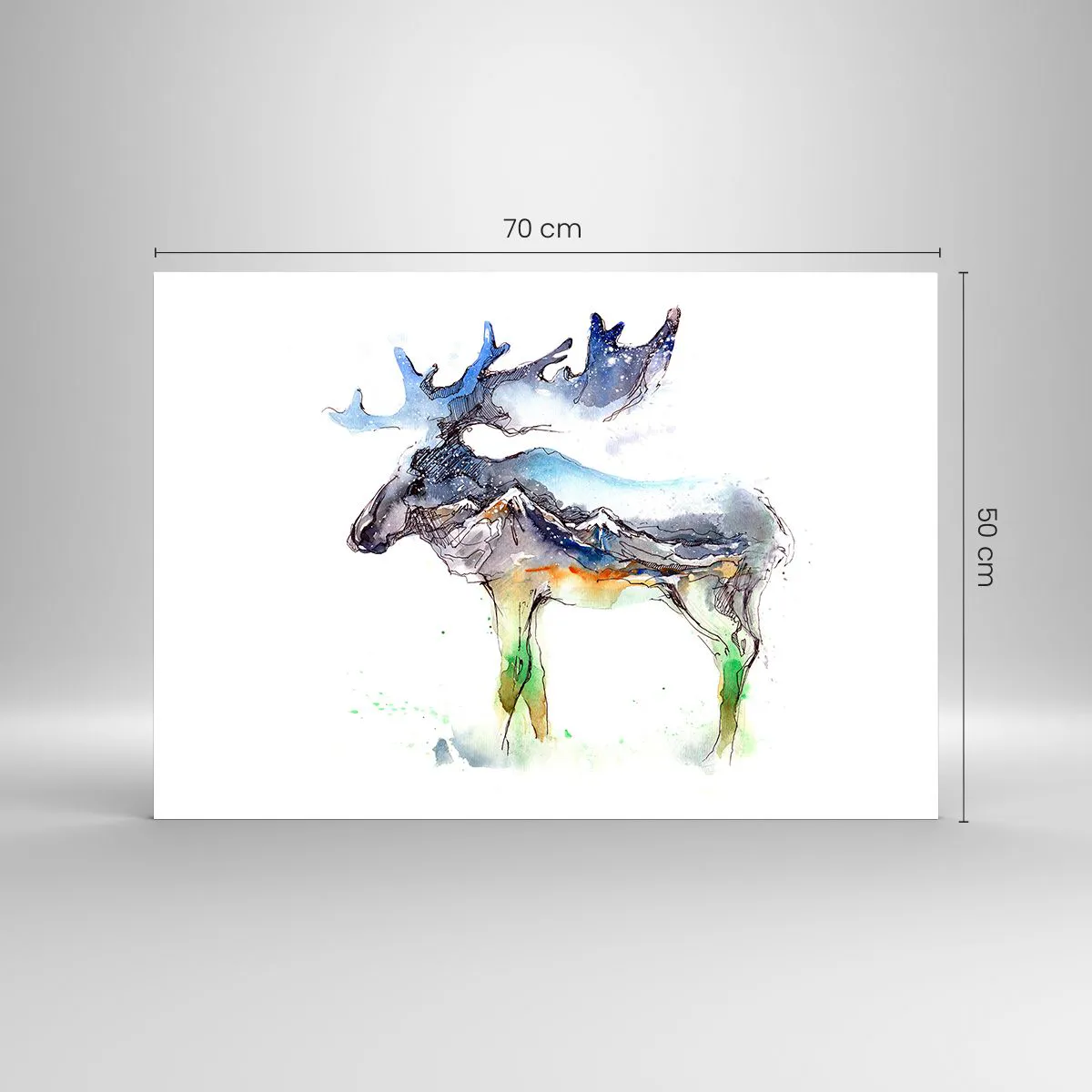 Glasbild - Bild auf glas - Aquarellmalerei eines Elches mit Bergsilhouette-Motiv - 70x50cm - Der Held eines Wintermärchens - Moderne Wanddekoration für Wohnzimmer und Schlafzimmer ARTTOR