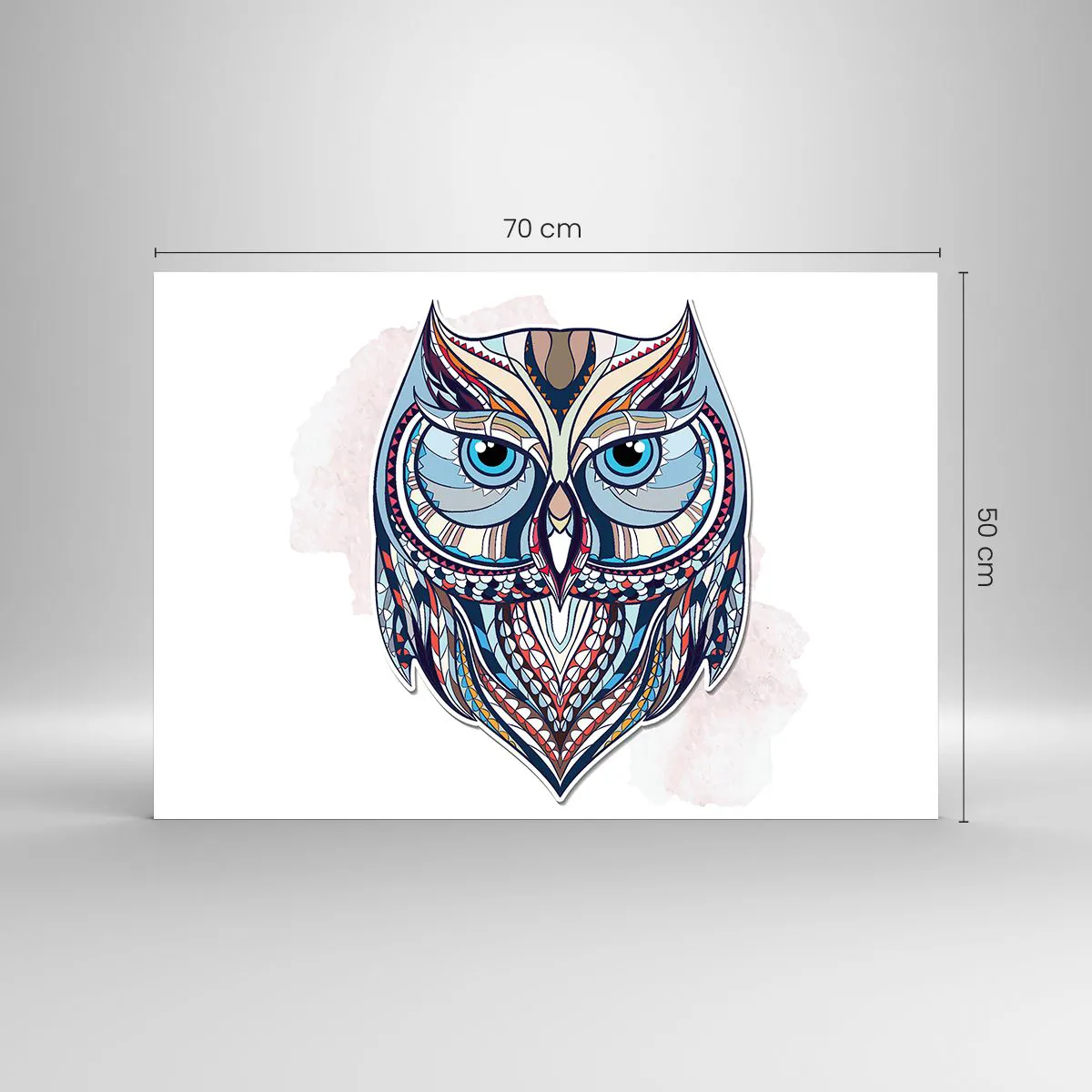 Billede på glas - Farverigt, geometrisk portræt af en ugle - 70x50cm - Kunstnerisk ornamental ugle - Moderne vægdekoration til stue og soveværelse ARTTOR