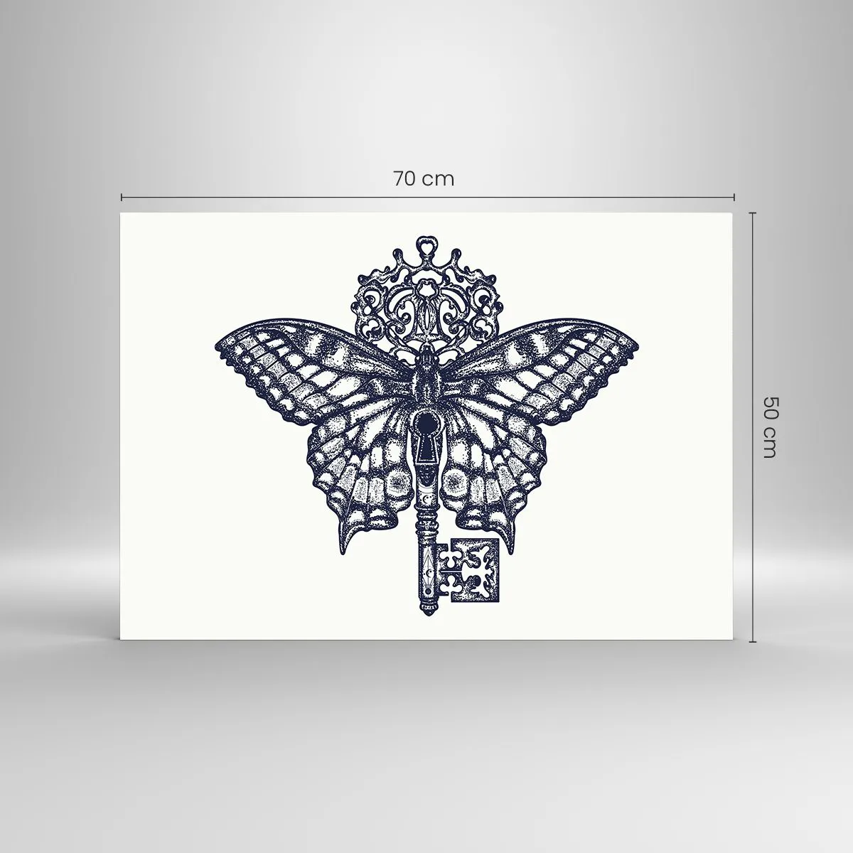 Obraz na skle - Ilustrace motýla s klíčem uprostřed - 70x50cm - Všechna tajemství srdce - Moderní nástěnná dekorace do obývacího pokoje a ložnice ARTTOR