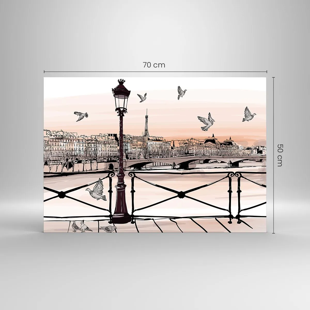 Tablou pe sticlă - Ilustrație a unei străzi pariziene cu vedere la Turnul Eiffel în zori - 70x50cm - Deasupra acoperișurilor Parisului - Decorațiune modernă pentru perete pentru living și dormitor ARTTOR