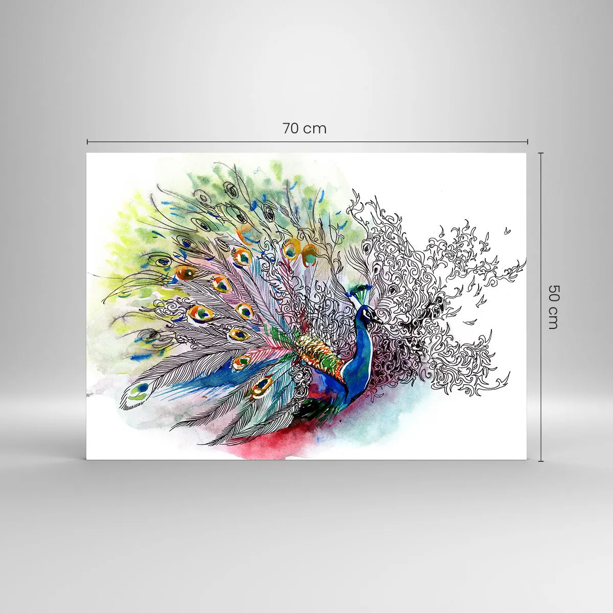 Cuadro sobre vidrio - Impresiones sobre Vidrio - Pavo real colorido en un estilo artístico de acuarela. - 70x50cm - Con orgullo contra el gris - Decoración de pared moderna para salón y dormitorio ARTTOR