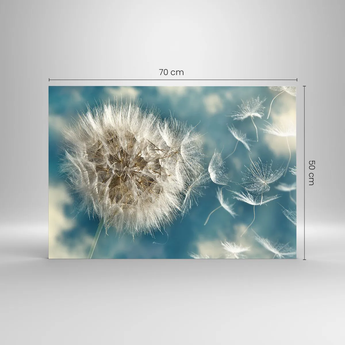 Billede på glas - En sart mælkebøtte mod himlen med flydende frø - 70x50cm - En engels åndedræt - Moderne vægdekoration til stue og soveværelse ARTTOR