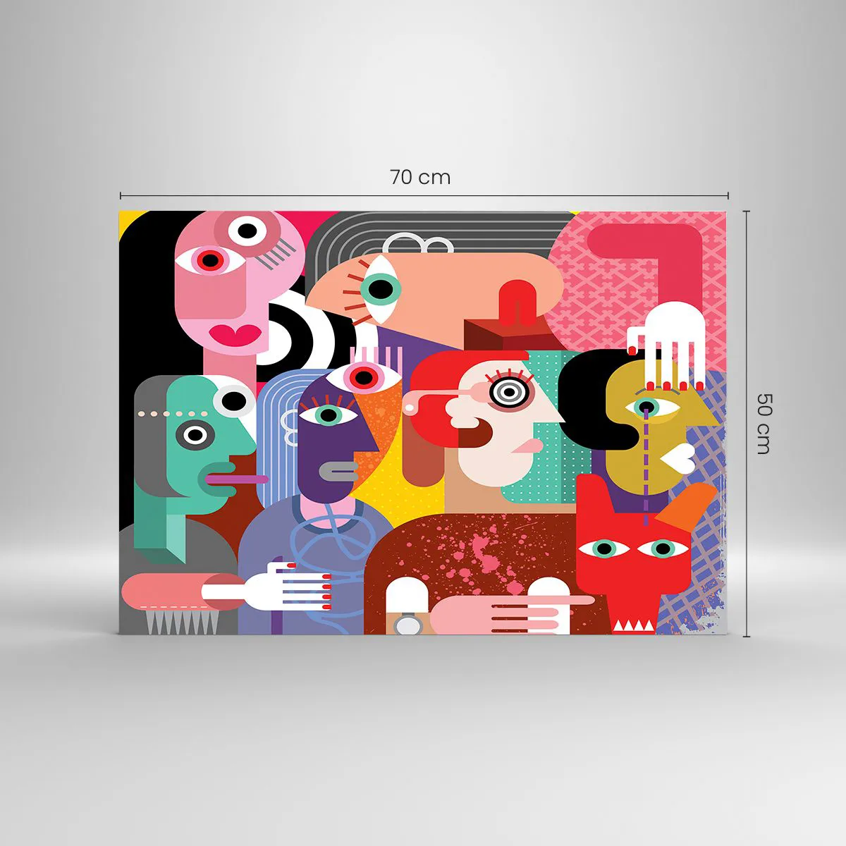 Tablou pe sticlă - Compoziție abstractă de fețe în culori vii - 70x50cm - Am venit de la domnul Picasso - Decorațiune modernă pentru perete pentru living și dormitor ARTTOR