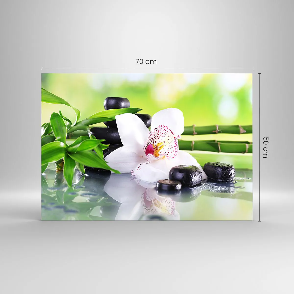 Glass picture - Orchid, bamboo and black stones against a green background - 70x50cm - Cool Freshness - Modern wall decoration for the living room and bedroom ARTTOR