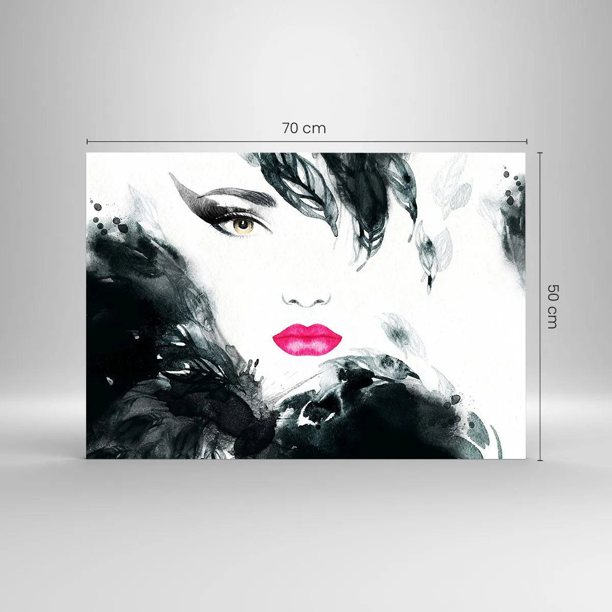 Glastavla - Bild på glas - Porträtt av en kvinna med rosa läppar och svarta accenter - 70x50cm - Observera! Femme fatale - Modern väggdekoration för vardagsrum och sovrum ARTTOR