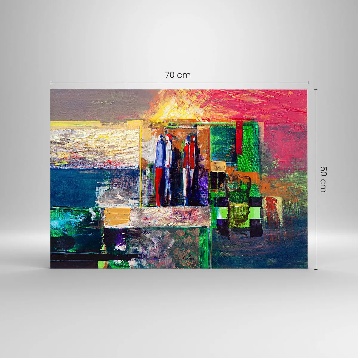 Billede på glas - En abstrakt komposition med figurer og intense farver. - 70x50cm - Forhold og følelser - Moderne vægdekoration til stue og soveværelse ARTTOR