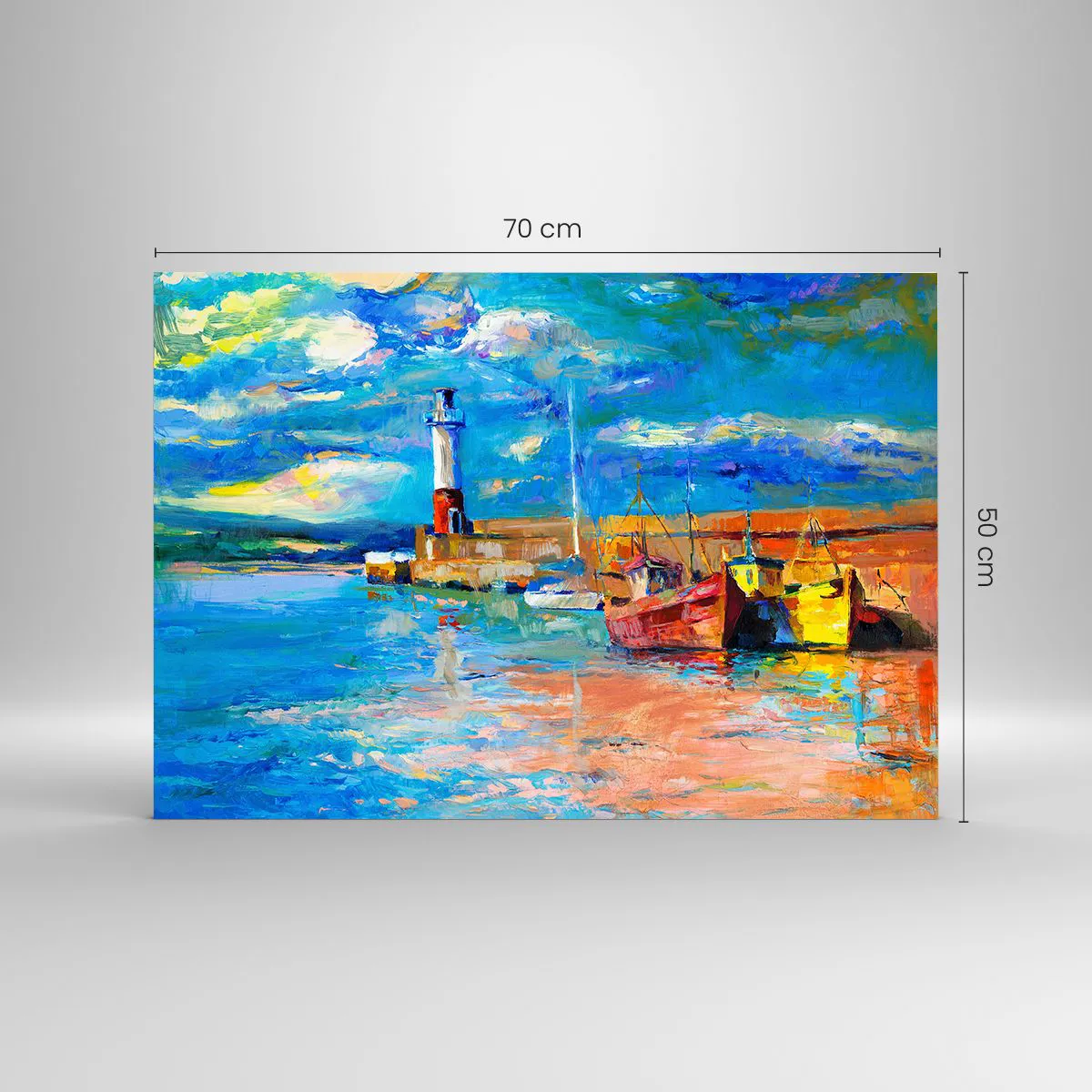 Tablou pe sticlă - Golful Rainbow cu un far și bărci colorate în port - 70x50cm - După-amiază în golful de curcubeu - Decorațiune modernă pentru perete pentru living și dormitor ARTTOR