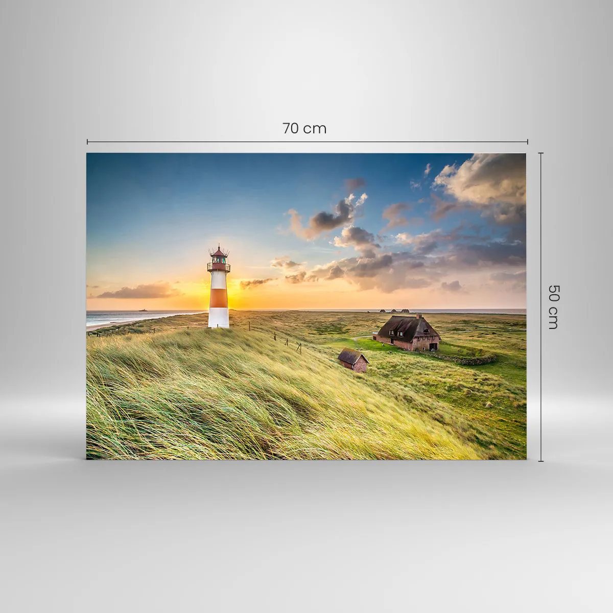 Cuadro sobre vidrio - Impresiones sobre Vidrio - Un faro al atardecer sobre un mar tempestuoso - 70x50cm - Entre las olas - Decoración de pared moderna para salón y dormitorio ARTTOR