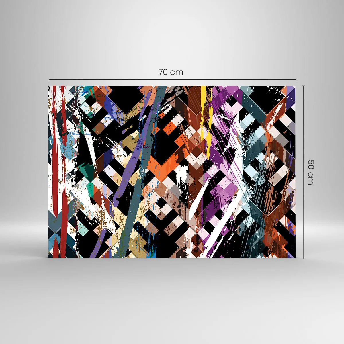 Quadro em vidro - Uma composição abstrata com padrões geométricos e cores intensas. - 70x50cm - Ao quadrado - Decoração de parede moderna para a sala de estar e quarto ARTTOR