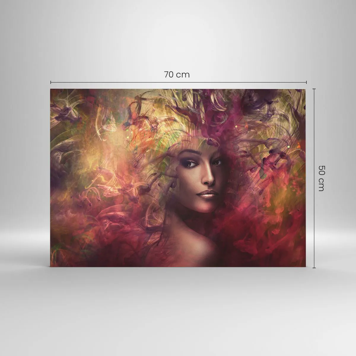 Tablou pe sticlă - Portretul unei femei înconjurate de culori luminoase, abstracte - 70x50cm - Iată-mă! - Decorațiune modernă pentru perete pentru living și dormitor ARTTOR