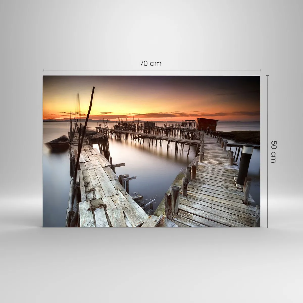 Tablou pe sticlă - Debarcader din lemn la apus peste un lac liniștit - 70x50cm - Autentic, nu o atracție turistică - Decorațiune modernă pentru perete pentru living și dormitor ARTTOR