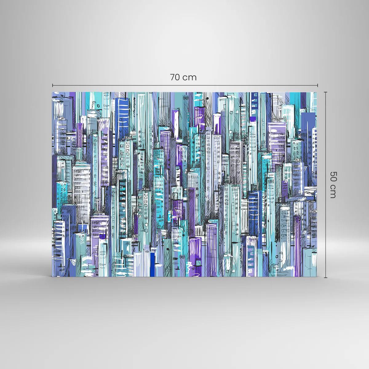 Quadro em vidro - Ilustração de uma cidade cheia de arranha-céus em tons frios - 70x50cm - Azul do céu - Decoração de parede moderna para a sala de estar e quarto ARTTOR