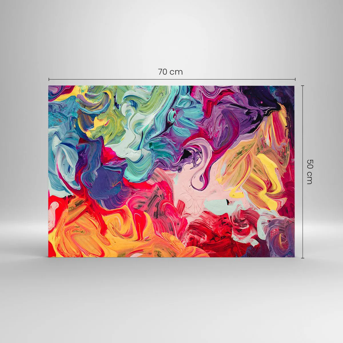 Glastavla - Bild på glas - Abstrakta färgglada strimmor av färg på duk i intensiva färger - 70x50cm - Färgerna föds - Modern väggdekoration för vardagsrum och sovrum ARTTOR