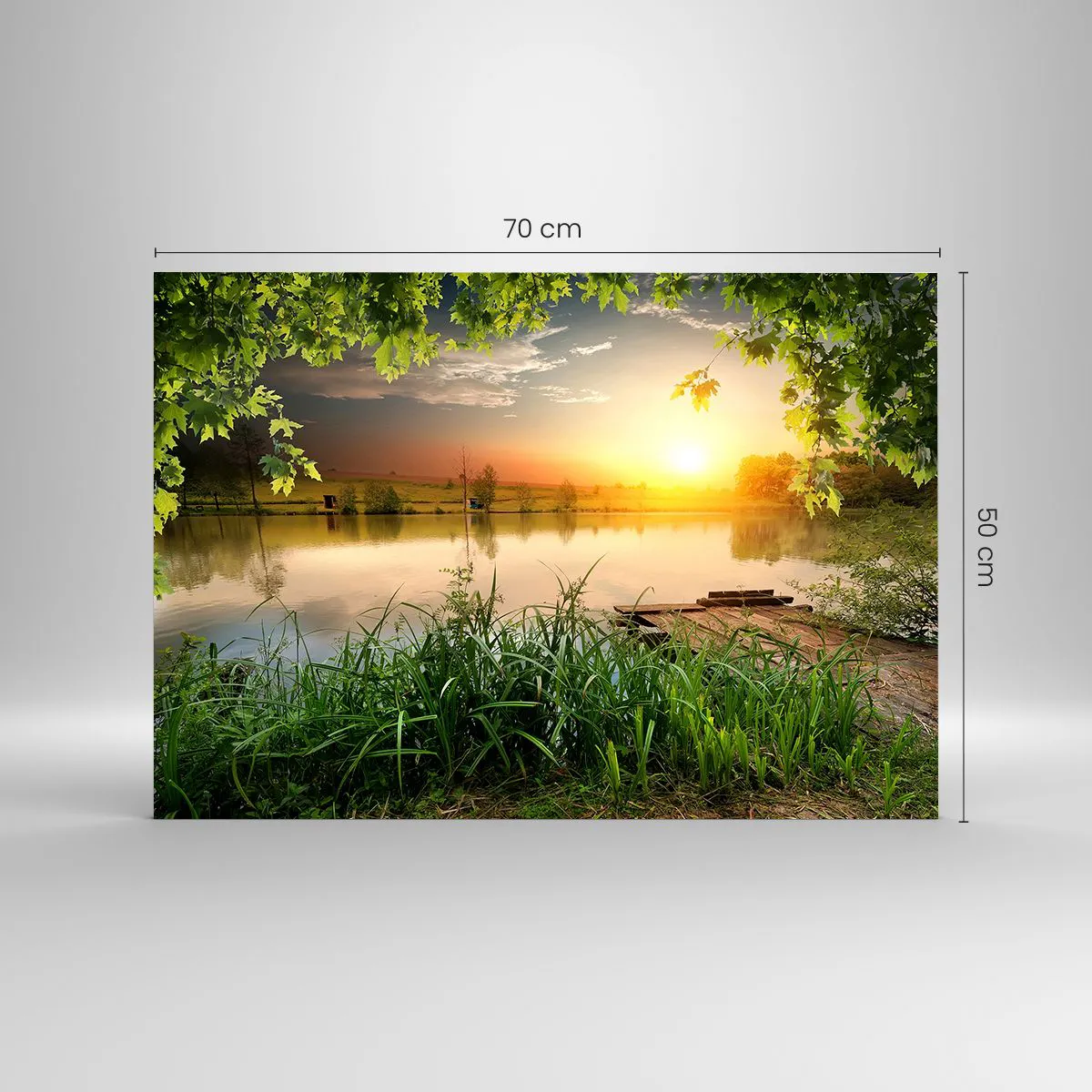 Glass picture - Landscape with a lake surrounded by greenery at sunset - 70x50cm - Landscape in a Green Frame - Modern wall decoration for the living room and bedroom ARTTOR