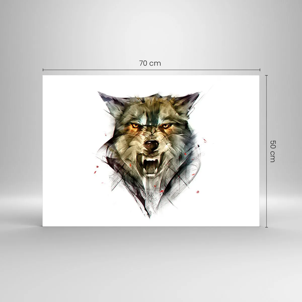 Tablou pe sticlă - O imagine a unui lup amenințător cu gura deschisă și o privire intensă - 70x50cm - Nici un pas! - Decorațiune modernă pentru perete pentru living și dormitor ARTTOR