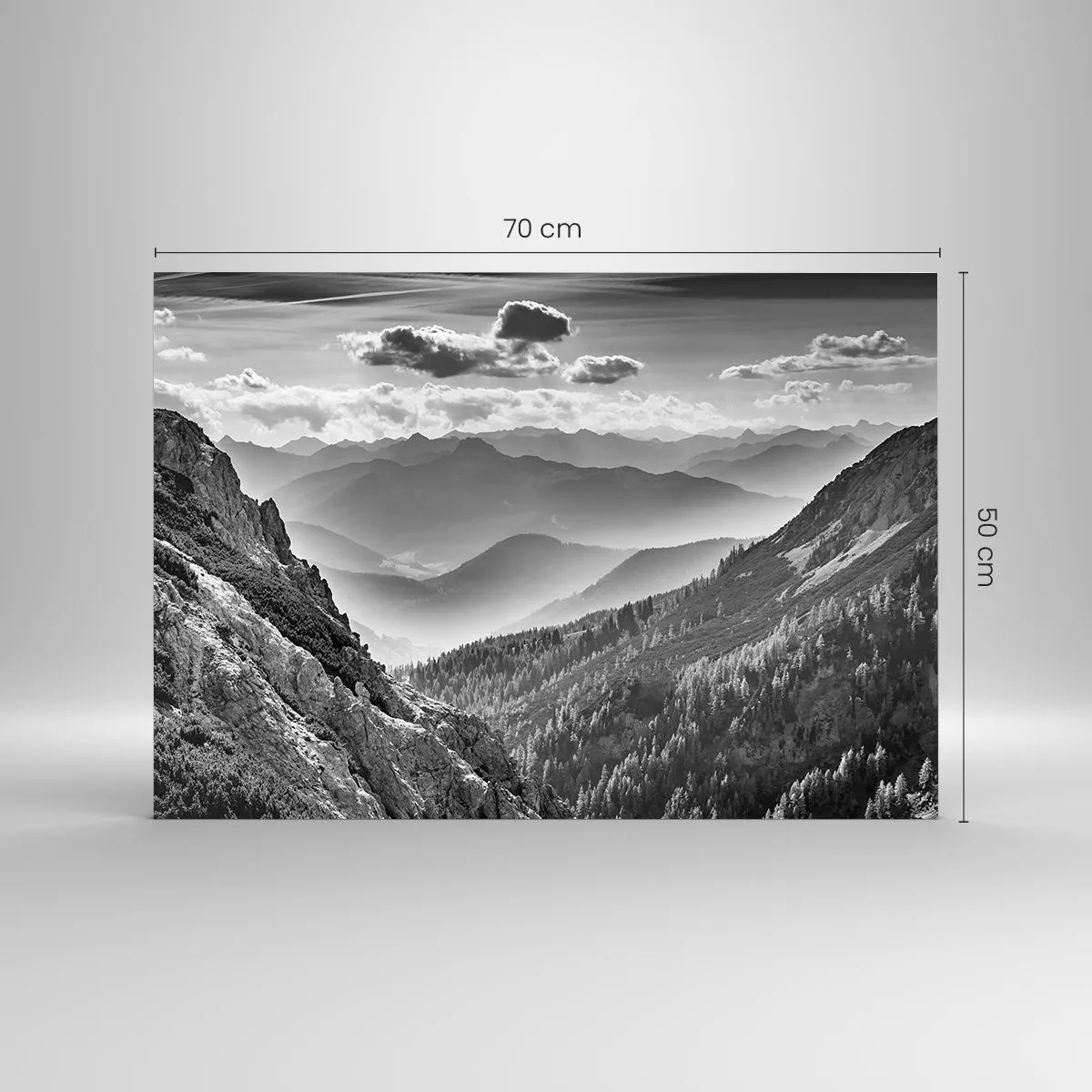 Impression sur verre - Image sur verre - Panorama de montagne en noir et blanc avec vue sur la vallée - 70x50cm - Jusqu'à l'horizon - Décoration murale moderne pour le salon et la chambre ARTTOR