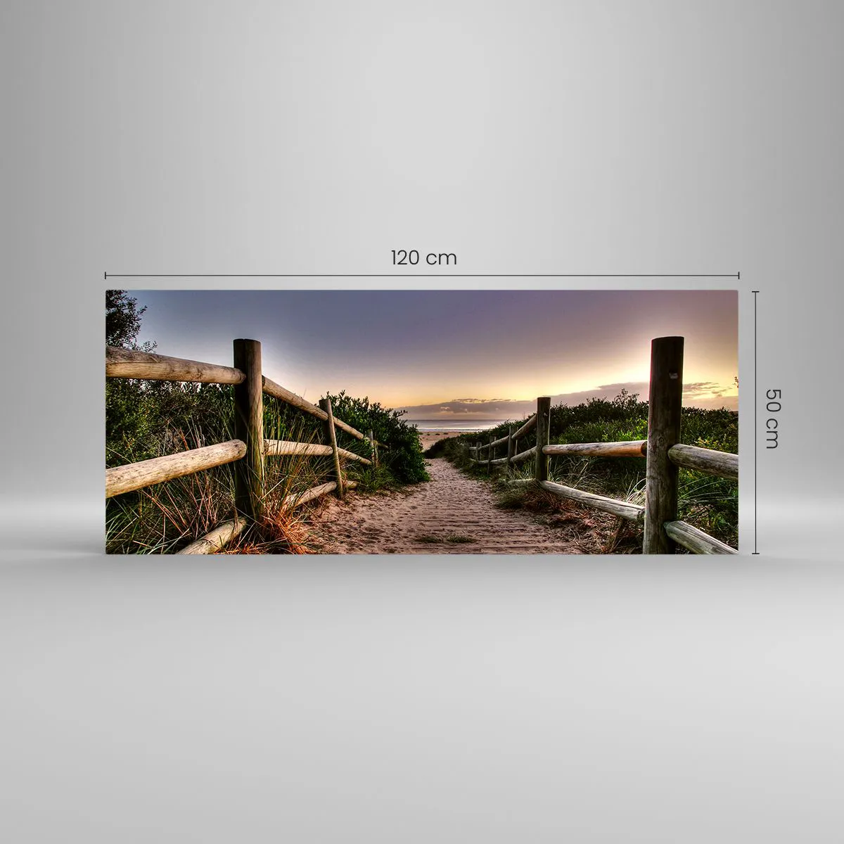 Cuadro sobre vidrio - Impresiones sobre Vidrio - Camino de madera en las dunas que conduce a la playa al atardecer - 120x50cm - Objetivo a la vista - Decoración de pared moderna para salón y dormitorio ARTTOR