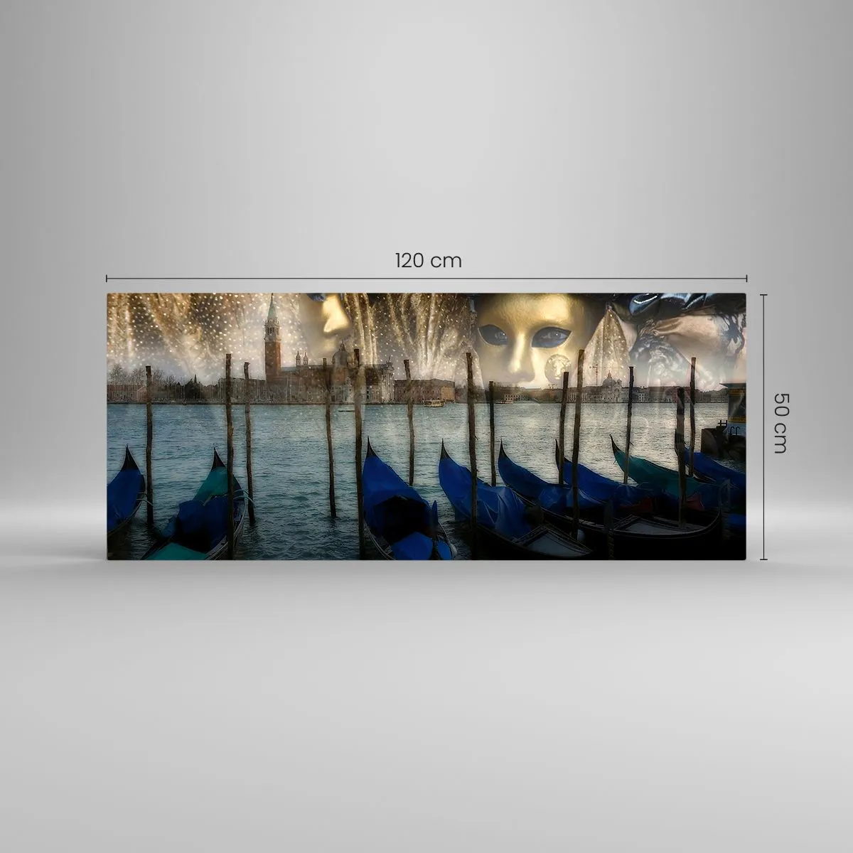 Quadro su vetro - Maschere di carnevale veneziane e gondole sullo sfondo della città e dell'acqua - 120x50cm - È ora di iniziare il carnevale - Decorazione murale moderna per soggiorno e camera da letto ARTTOR