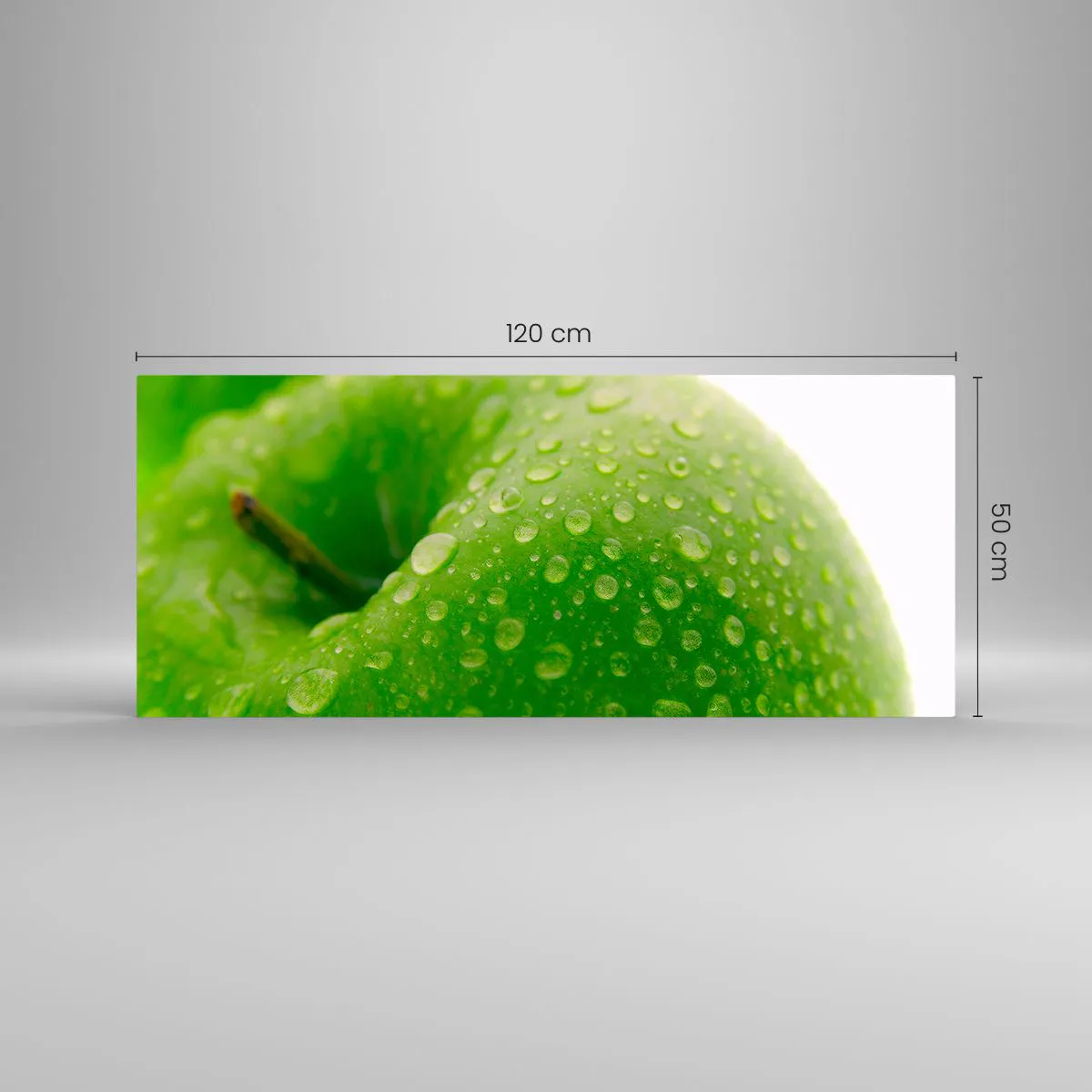 Quadro su vetro - Primo piano di una mela verde con gocce d'acqua - 120x50cm - Rinfrescante verde freschezza - Decorazione murale moderna per soggiorno e camera da letto ARTTOR