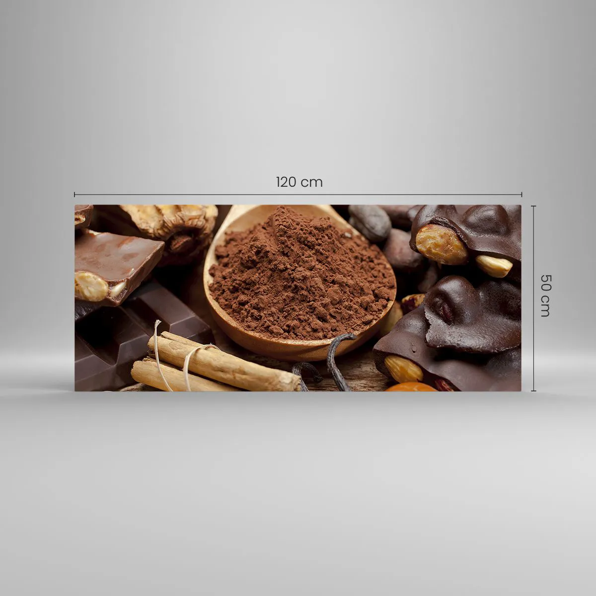 Quadro su vetro - Un cucchiaio di cacao e ingredienti al cioccolato in una disposizione rustica - 120x50cm - Ideale per i momenti di tristezza - Decorazione murale moderna per soggiorno e camera da letto ARTTOR