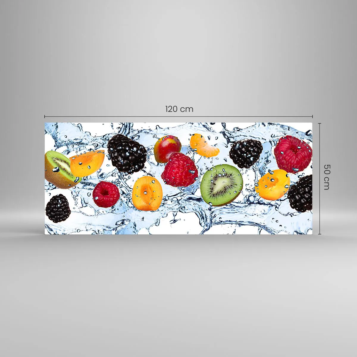 Quadro su vetro - Frutti colorati immersi in schizzi d'acqua su uno sfondo bianco - 120x50cm - Gioca con noi - Decorazione murale moderna per soggiorno e camera da letto ARTTOR