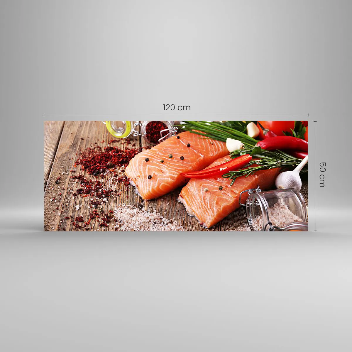 Cuadro sobre vidrio - Impresiones sobre Vidrio - Filetes de salmón con especias sobre fondo de madera. - 120x50cm - Una aventura noruega en la cocina - Decoración de pared moderna para salón y dormitorio ARTTOR