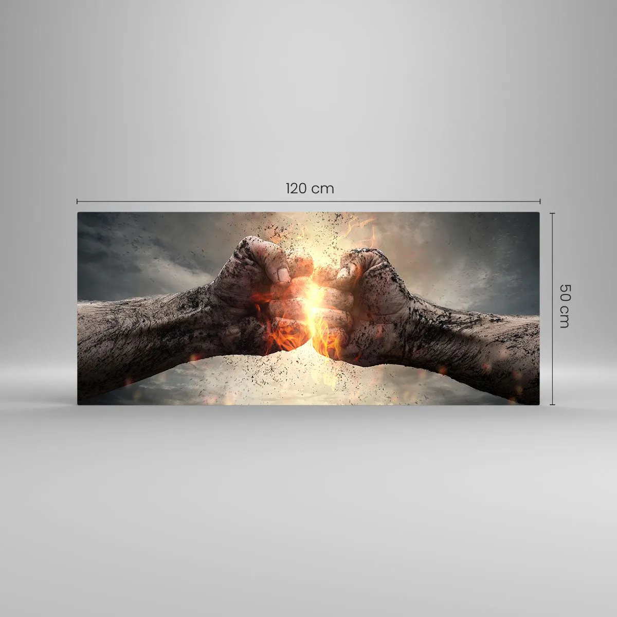 Glasbild - Bild auf glas - Geballte Fäuste in einer dynamischen Brandszene - 120x50cm - Steh auf für einen Kampf - Moderne Wanddekoration für Wohnzimmer und Schlafzimmer ARTTOR