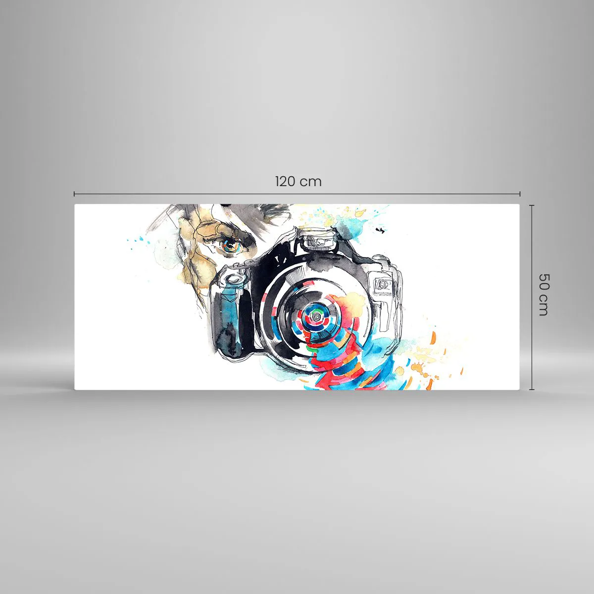 Glasbild - Bild auf glas - Aquarellkamera mit farbenfrohen Details - 120x50cm - Im Auge der Linse - Moderne Wanddekoration für Wohnzimmer und Schlafzimmer ARTTOR