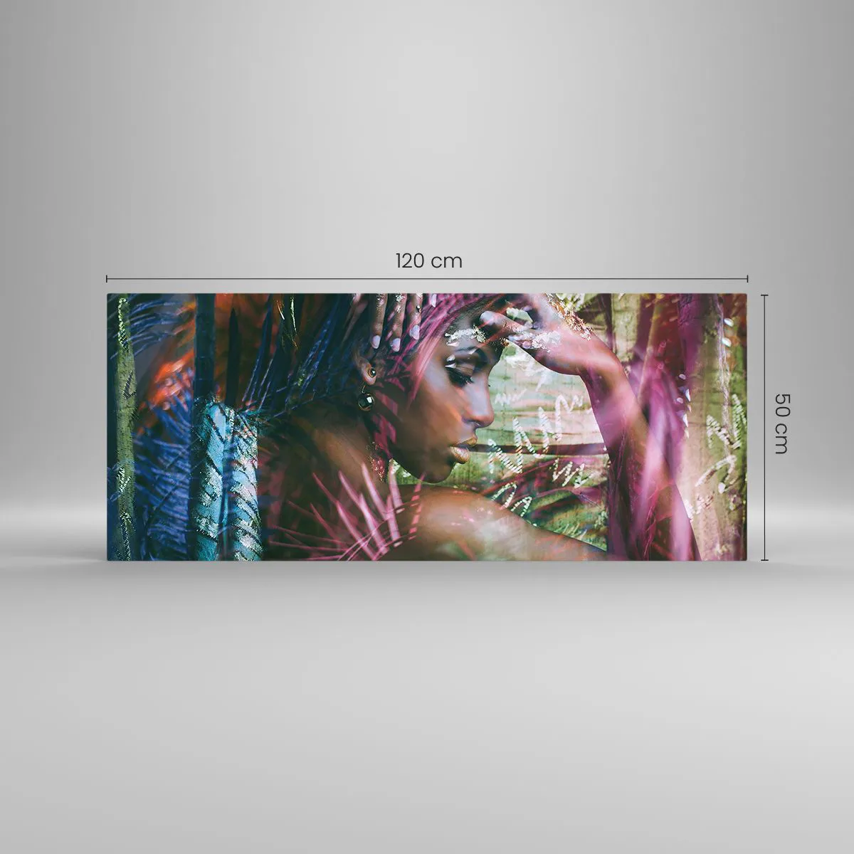 Glasbild - Bild auf glas - Porträt einer Frau, umgeben von exotischer Vegetation - 120x50cm - Mutter Natur im Dschungel - Moderne Wanddekoration für Wohnzimmer und Schlafzimmer ARTTOR